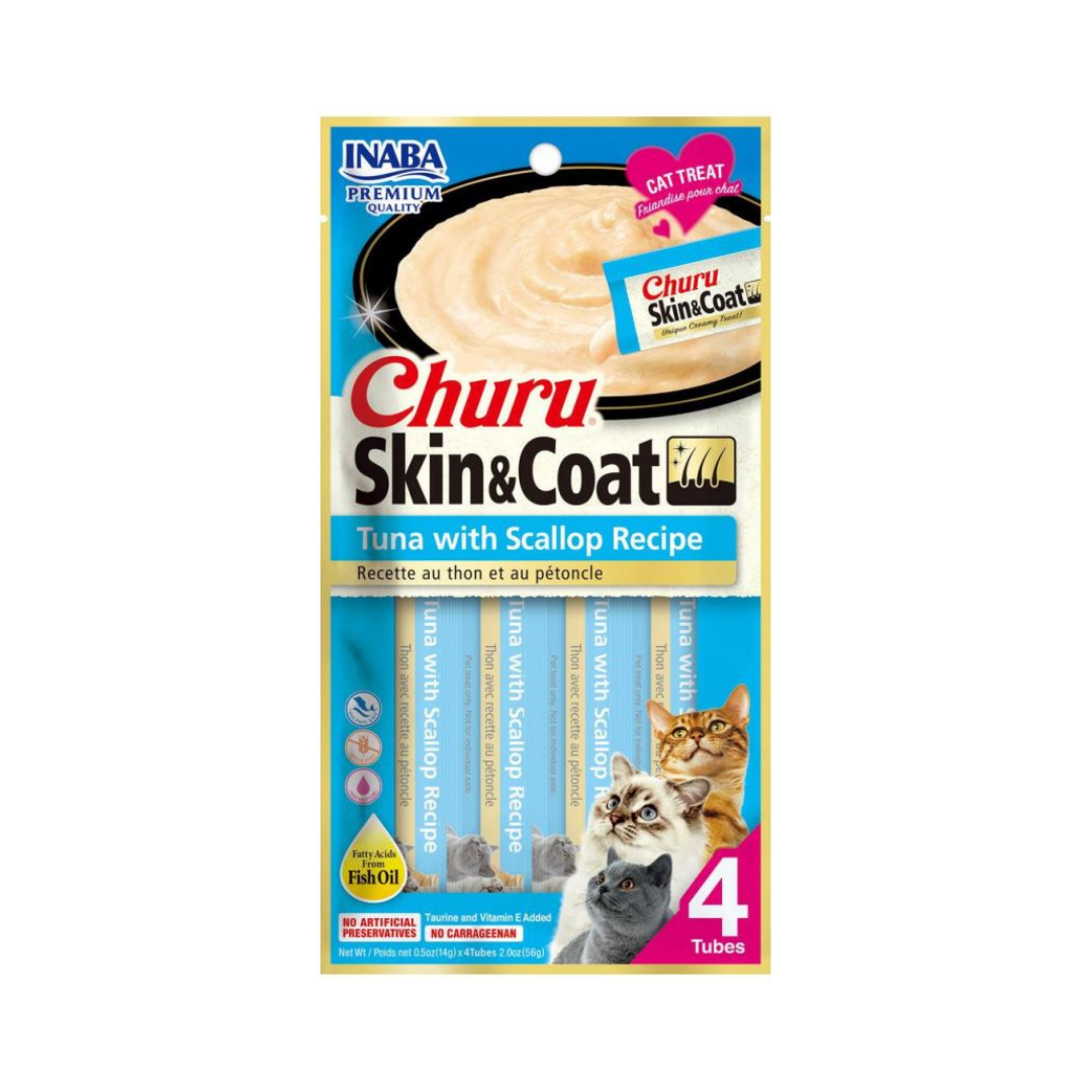 CHURU SKIN & COAT TUNA WITH SCALLOP RECIPE SABOR ATUN CON VIEIRA PARA GATOS 4 UNIDADES X EMPAQUE