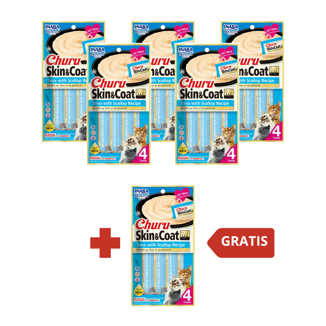 CHURU SKIN & COAT TUNA WITH SCALLOP RECIPE SABOR ATUN CON VIEIRA PARA GATOS 5 EMPAQUES X 4 UNIDADES + 1 GRATIS
