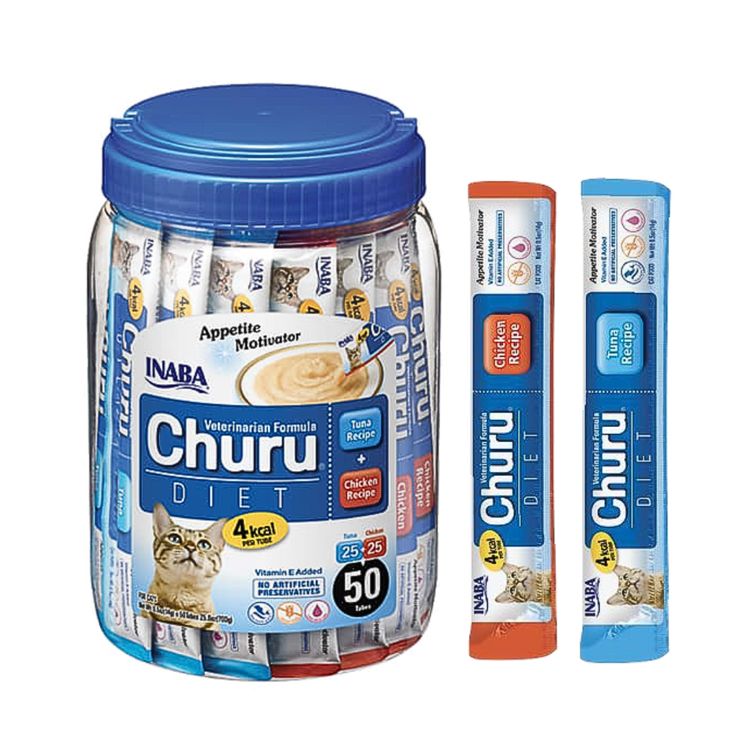 CHURU DIET SABOR ATUN + POLLO PARA GATOS FRASCO X 50 UNIDADES