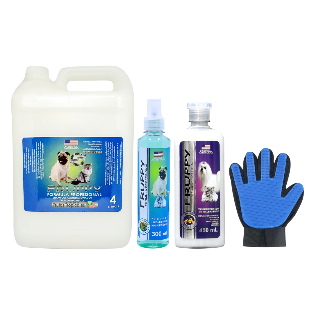 KIT CUIDADO ESPECIAL SHAMPOO 4L + PERFUME 300 ML + REACONDICIONADOR 450 ML + GUANTE