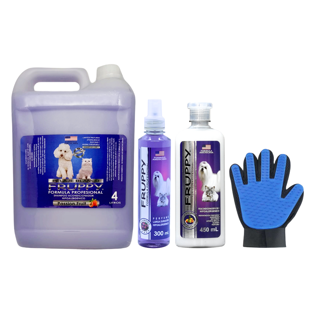 KIT CUIDADO ESPECIAL SHAMPOO 4L + PERFUME 300 ML + REACONDICIONADOR 450 ML + GUANTE