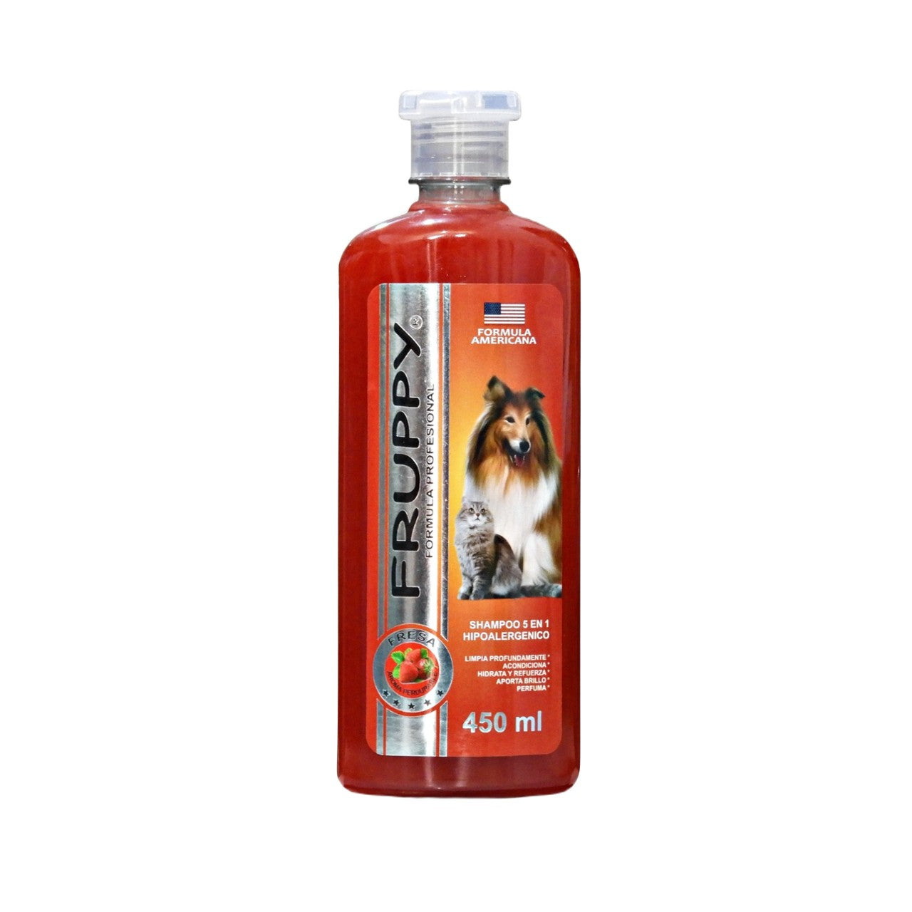 FRUPPY SHAMPOO FRESA 5 EN 1 HIPOALERGENICO PARA PERROS Y GATOS 450 ML