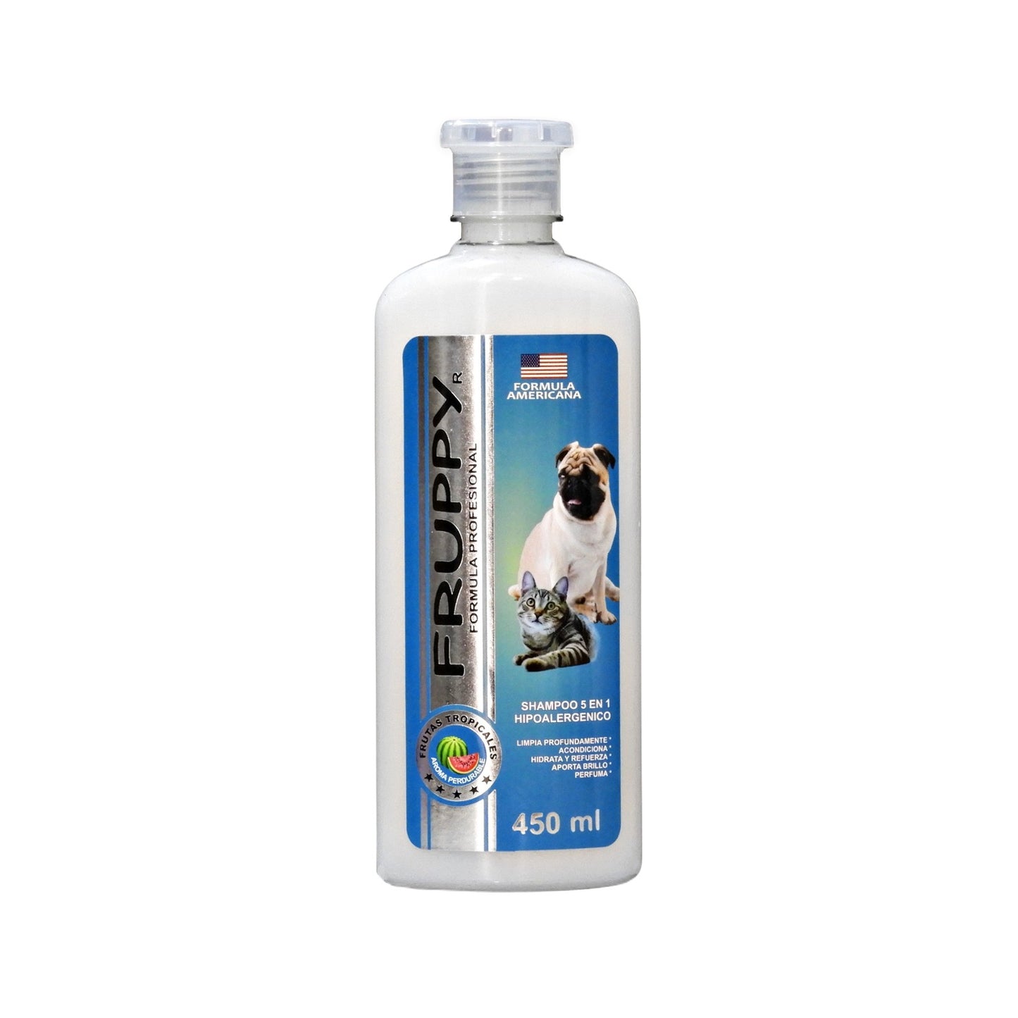 FRUPPY SHAMPOO FRUTAS TROPICALES 5 EN 1 HIPOALERGENICO PARA PERROS Y GATOS 450 ML