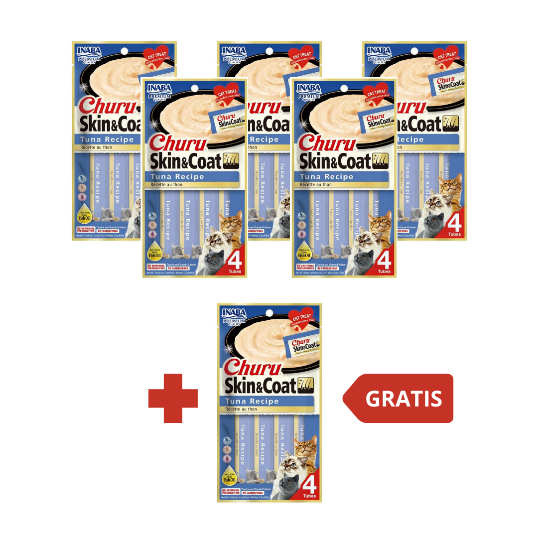 CHURU SKIN & COAT TUNA RECIPE SABOR ATUN PARA GATOS 5 EMPAQUES X 4 UNIDADES + 1 GRATIS