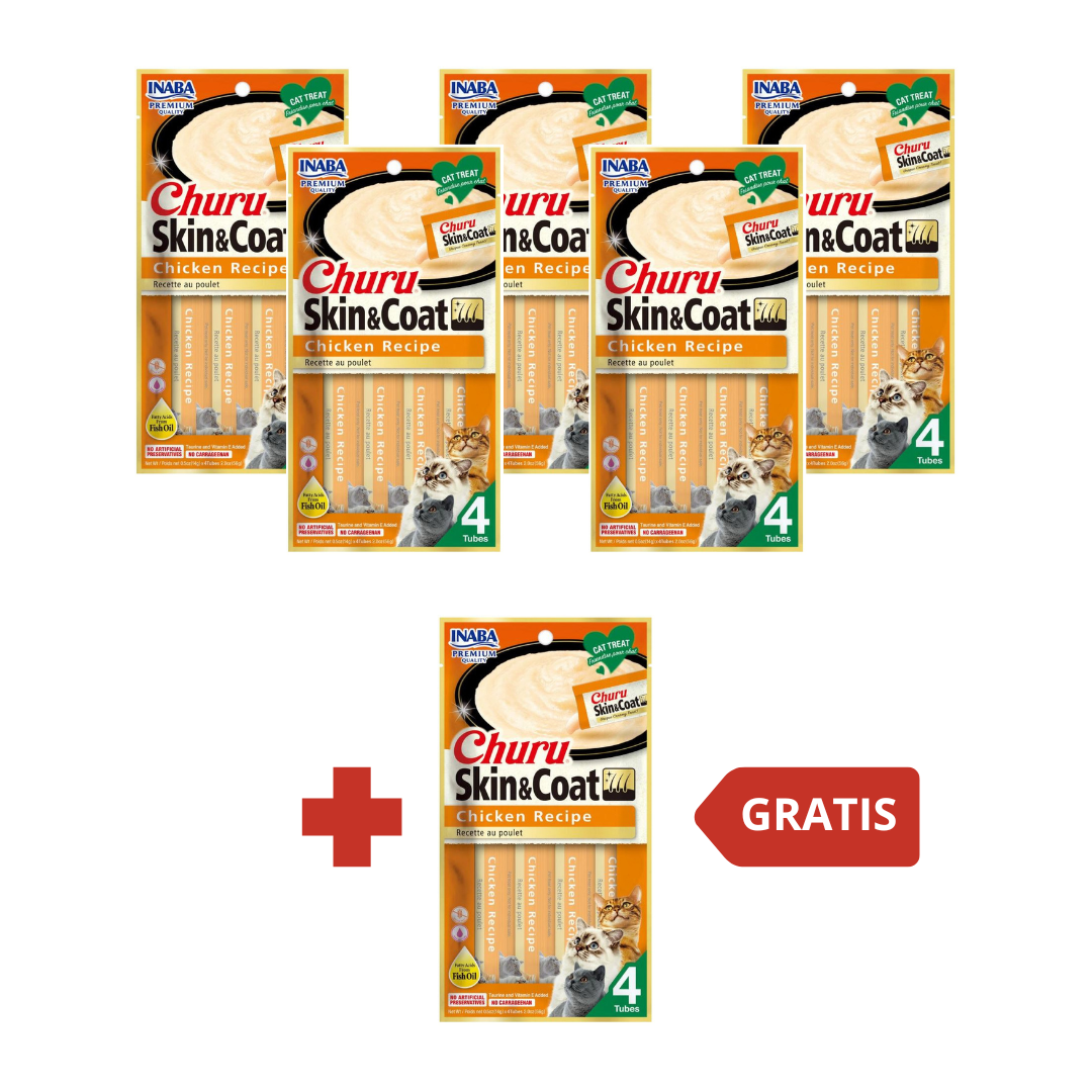 CHURU SKIN & COAT CHICKEN RECIPE SABOR POLLO PARA GATOS 5 EMPAQUES X 4 UNIDADES + 1 GRATIS